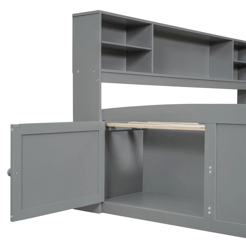 Divano letto full size (135 cm) color espresso / grigio / bianco con armadietti, mensole e 4 cassetti, per 1