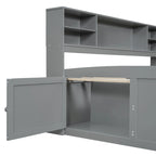 Divano letto full size (135 cm) color espresso / grigio / bianco con armadietti, mensole e 4 cassetti, per 1