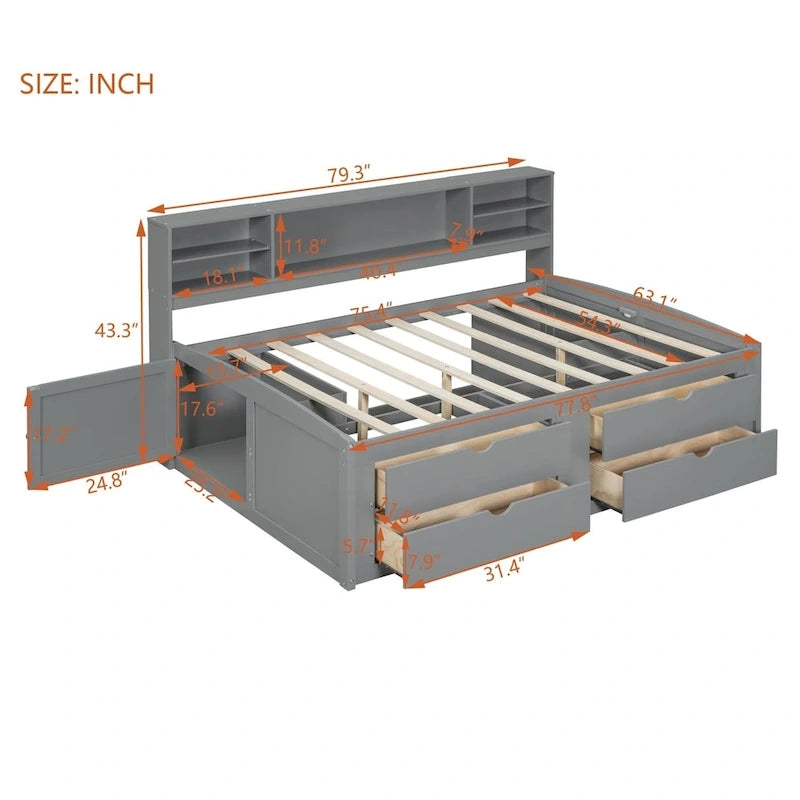 Divano letto full size (135 cm) color espresso / grigio / bianco con armadietti, mensole e 4 cassetti, per 1