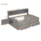Divano letto full size (135 cm) color espresso / grigio / bianco con armadietti, mensole e 4 cassetti, per 1