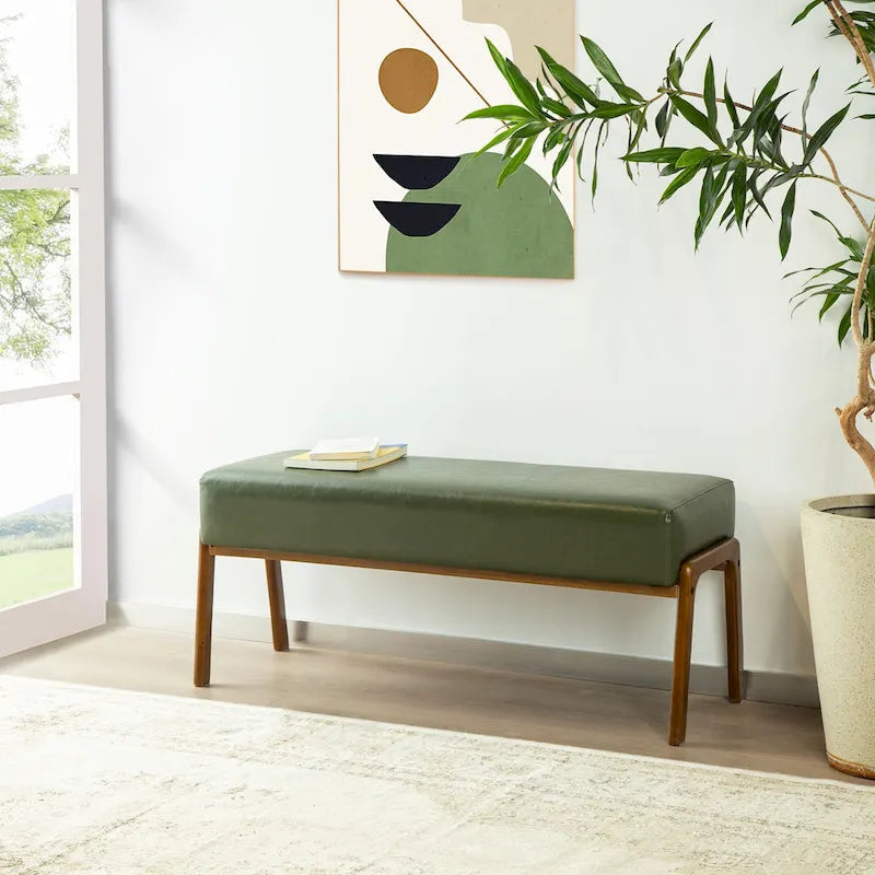 Panca rivestita in similpelle verde, stile moderno, seduta singola