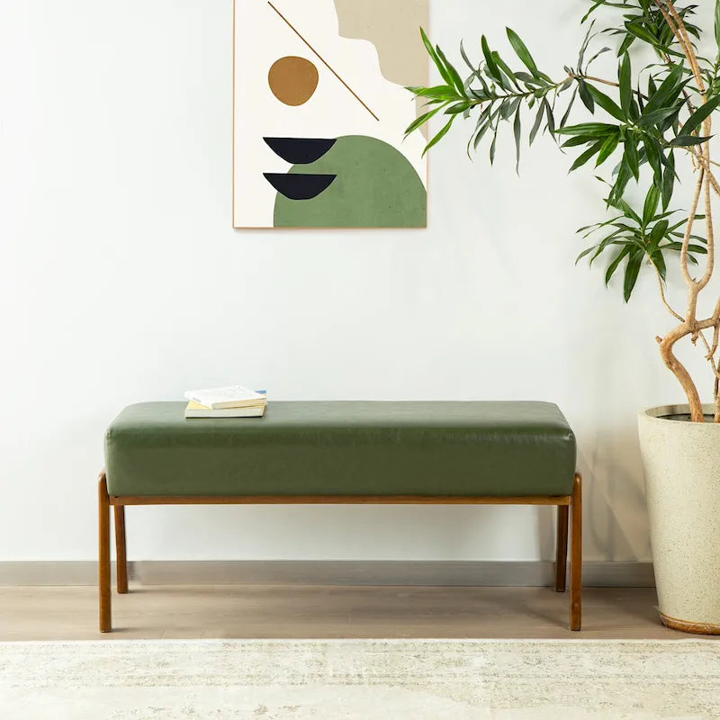 Panca rivestita in similpelle verde, stile moderno, seduta singola