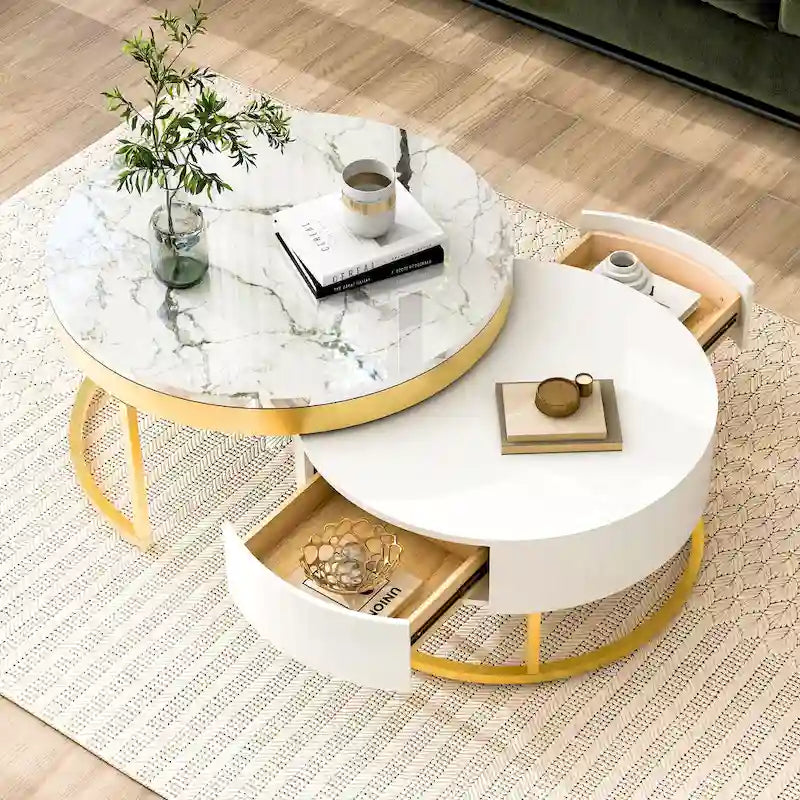 Tavolino da caffè rotondo a incastro bianco e oro con cassetti, stile moderno, set da 2