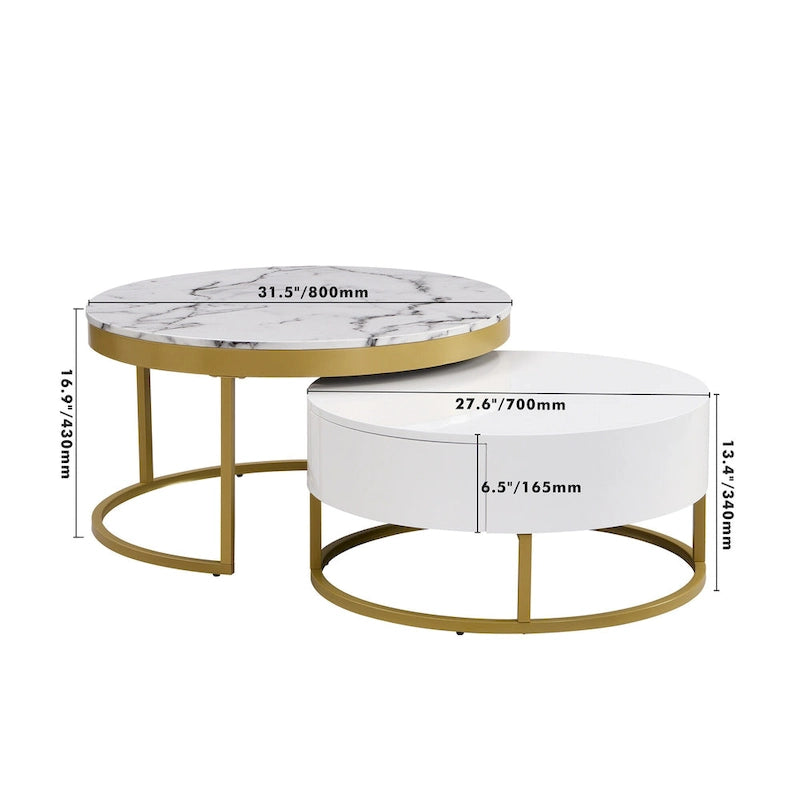 Tavolino da caffè rotondo a incastro bianco e oro con cassetti, stile moderno, set da 2