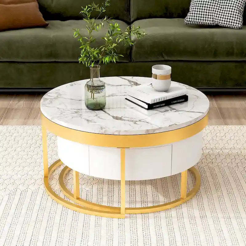 Tavolino da caffè rotondo a incastro bianco e oro con cassetti, stile moderno, set da 2
