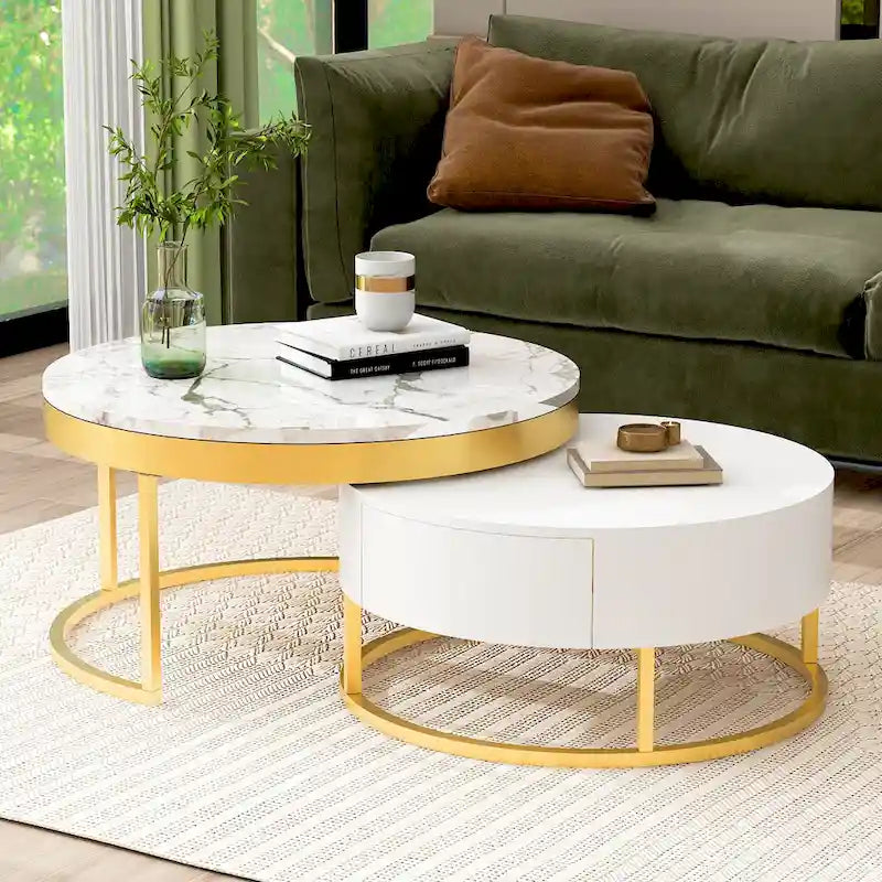 Tavolino da caffè rotondo a incastro bianco e oro con cassetti, stile moderno, set da 2