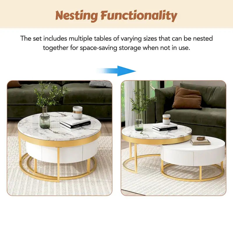 Tavolino da caffè rotondo a incastro bianco e oro con cassetti, stile moderno, set da 2