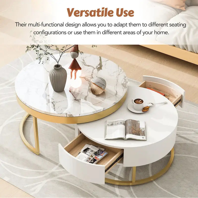 Tavolino da caffè rotondo a incastro bianco e oro con cassetti, stile moderno, set da 2