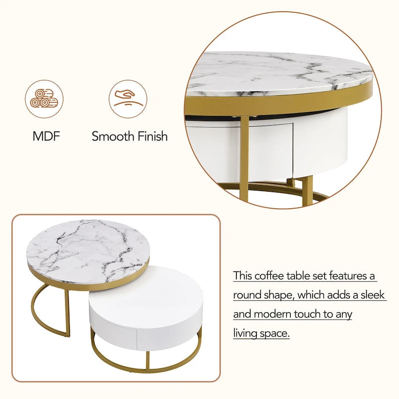 Tavolino da caffè rotondo a incastro bianco e oro con cassetti, stile moderno, set da 2
