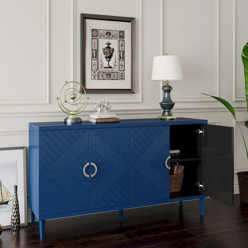 Mobile contenitore a 4 ante blu navy / champagne / blu, MDF e gambe in pino, montaggio a 1 persona