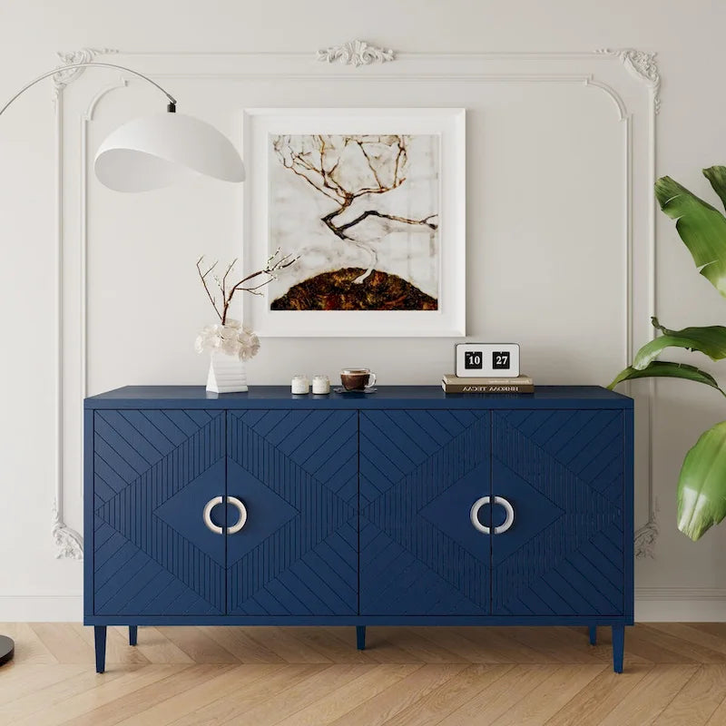 Mobile contenitore a 4 ante blu navy / champagne / blu, MDF e gambe in pino, montaggio a 1 persona