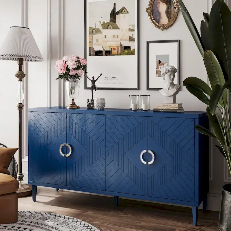 Mobile contenitore a 4 ante blu navy / champagne / blu, MDF e gambe in pino, montaggio a 1 persona