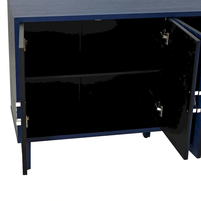 Mobile contenitore a 4 ante blu navy / champagne / blu, MDF e gambe in pino, montaggio a 1 persona