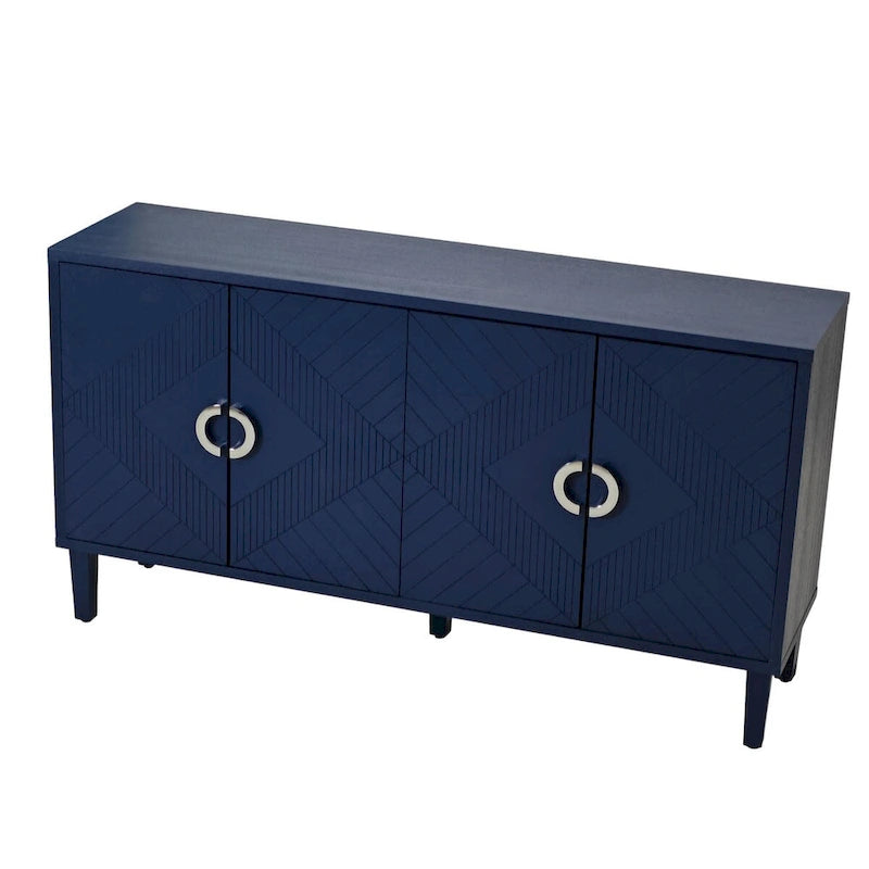 Mobile contenitore a 4 ante blu navy / champagne / blu, MDF e gambe in pino, montaggio a 1 persona