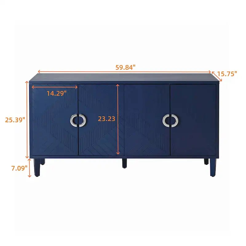 Mobile contenitore a 4 ante blu navy / champagne / blu, MDF e gambe in pino, montaggio a 1 persona