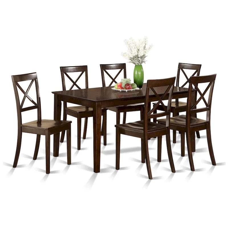 Set tavolo da pranzo rettangolare color cappuccino per 7 persone, sedie con schienale a X