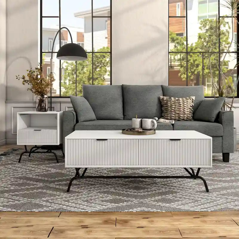 Set di 2 tavolini da caffè e tavolini laterali Sage Green / Bianco con cassetti 3D a onda