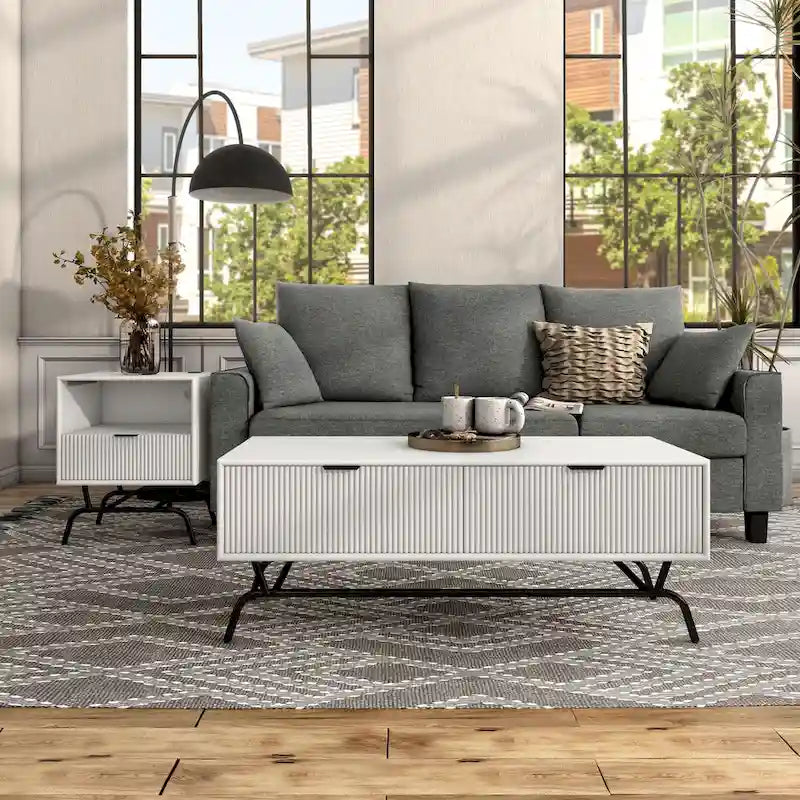 Set di 2 tavolini da caffè e tavolini laterali Sage Green / Bianco con cassetti 3D a onda