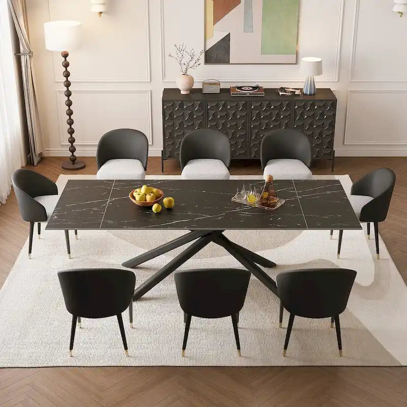 Set da pranzo allungabile rosso/nero/marrone e grigio, tavolo in pietra sinterizzata con 8 sedie imbottite, 8 posti a sedere