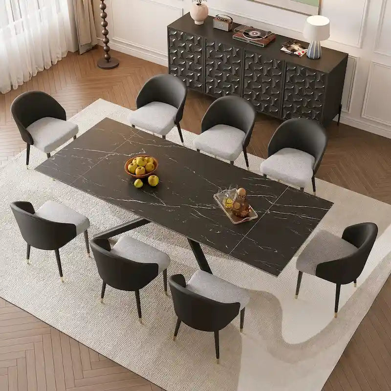 Set da pranzo allungabile rosso/nero/marrone e grigio, tavolo in pietra sinterizzata con 8 sedie imbottite, 8 posti a sedere