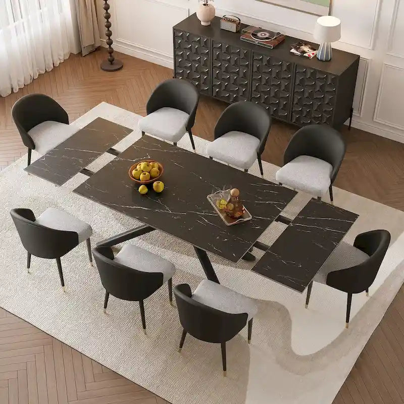 Set da pranzo allungabile rosso/nero/marrone e grigio, tavolo in pietra sinterizzata con 8 sedie imbottite, 8 posti a sedere