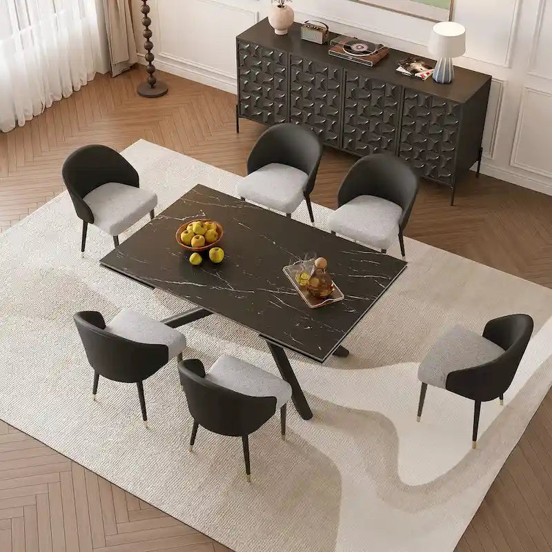 Set da pranzo allungabile rosso/nero/marrone e grigio, tavolo in pietra sinterizzata con 8 sedie imbottite, 8 posti a sedere