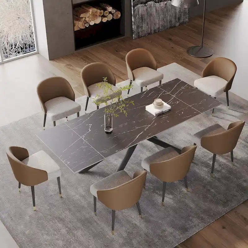 Set da pranzo allungabile rosso/nero/marrone e grigio, tavolo in pietra sinterizzata con 8 sedie imbottite, 8 posti a sedere