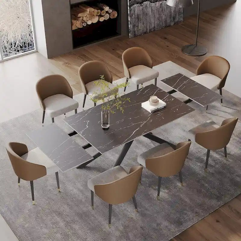 Set da pranzo allungabile rosso/nero/marrone e grigio, tavolo in pietra sinterizzata con 8 sedie imbottite, 8 posti a sedere