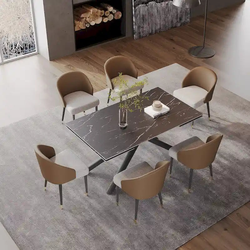 Set da pranzo allungabile rosso/nero/marrone e grigio, tavolo in pietra sinterizzata con 8 sedie imbottite, 8 posti a sedere