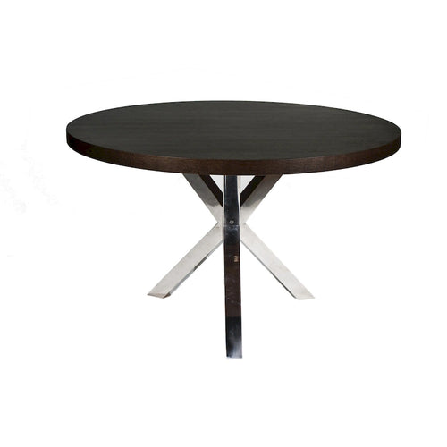 Tavolo da pranzo rotondo da 119 cm, legno marrone e base a croce cromata, 4-5 posti a sedere