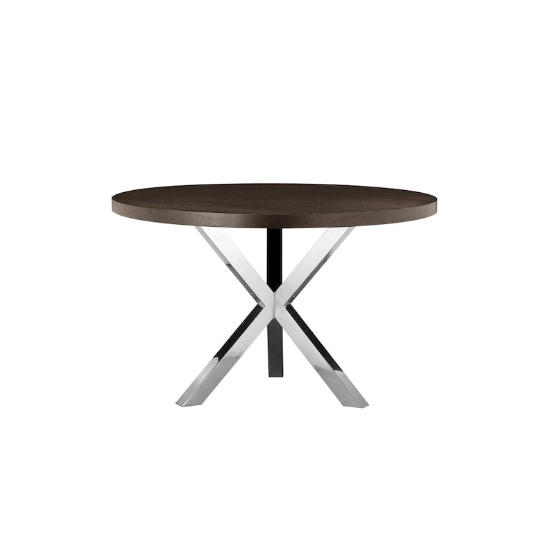 Tavolo da pranzo rotondo da 119 cm, legno marrone e base a croce cromata, 4-5 posti a sedere