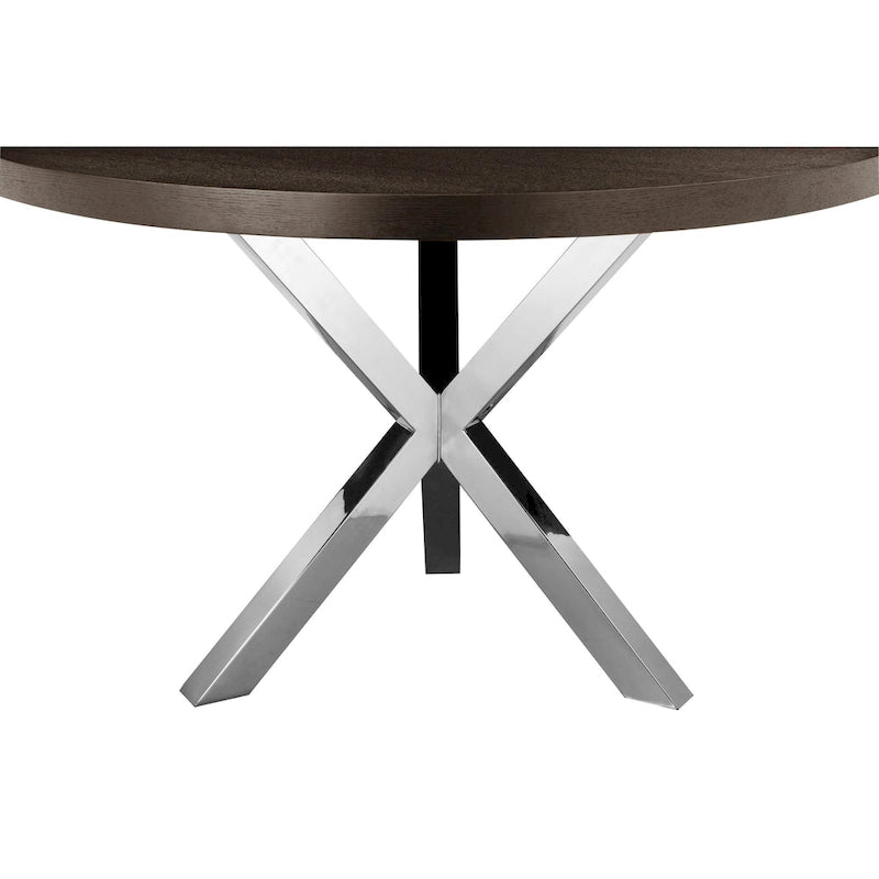 Tavolo da pranzo rotondo da 119 cm, legno marrone e base a croce cromata, 4-5 posti a sedere