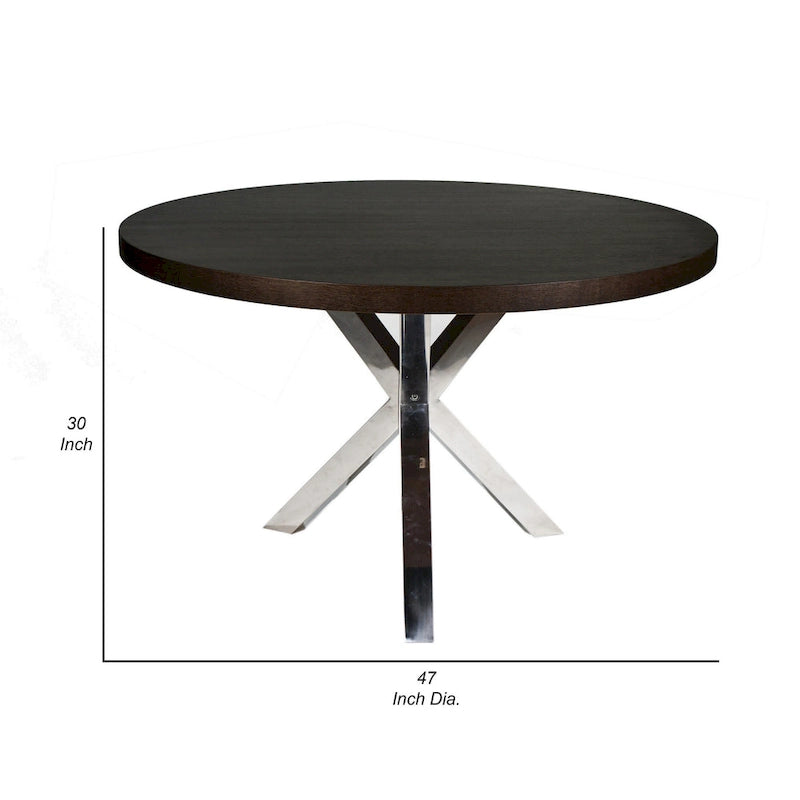 Tavolo da pranzo rotondo da 119 cm, legno marrone e base a croce cromata, 4-5 posti a sedere